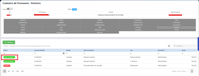 status penhora após tratativa