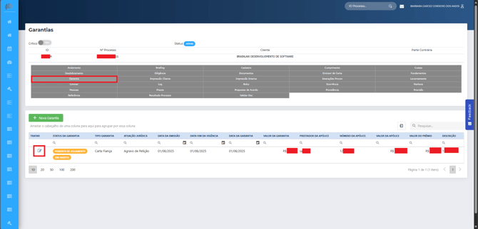 tratar garantia processo