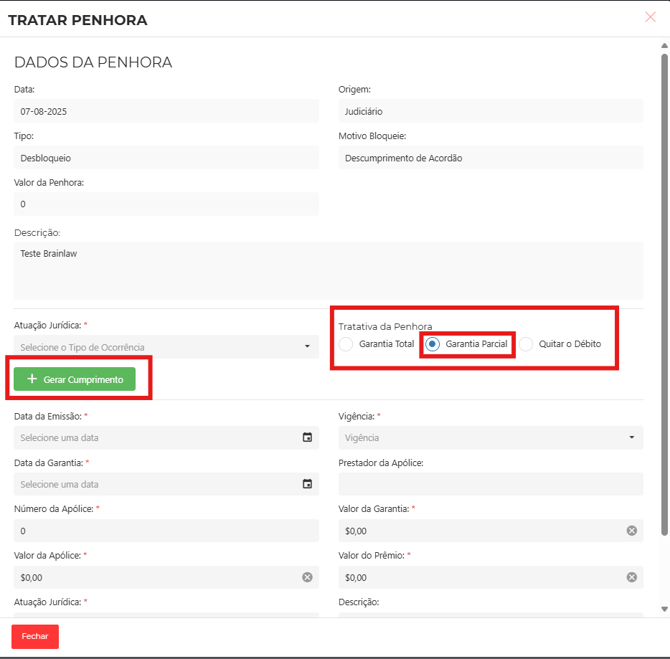 tratar penhora garantia parcial