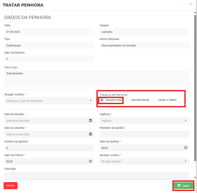 tratar penhora garantia total